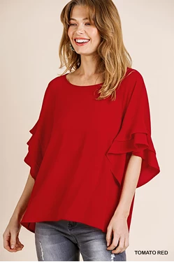 Red Layered Ruffle Sleeve Top